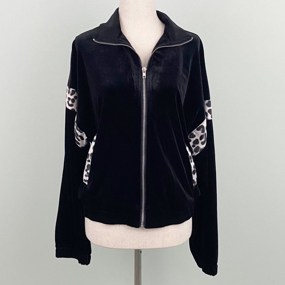 NWT Emory Park x Dolls Kill | Black Velour Leopard Zip Track Jacket Small - Picture 2 of 8